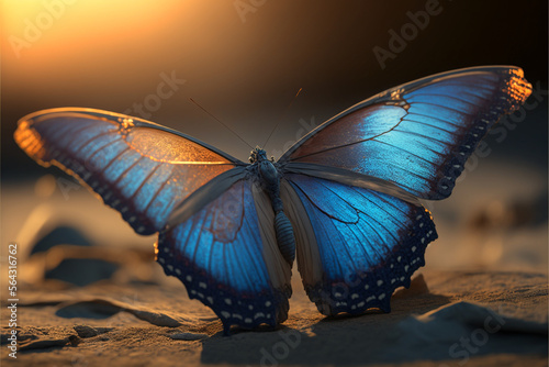 Beautiful blue butterfly in the sunset, Generative AI photo