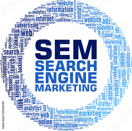 SEM - Search Engine Marketing word cloud conceptual design isolated on white background.