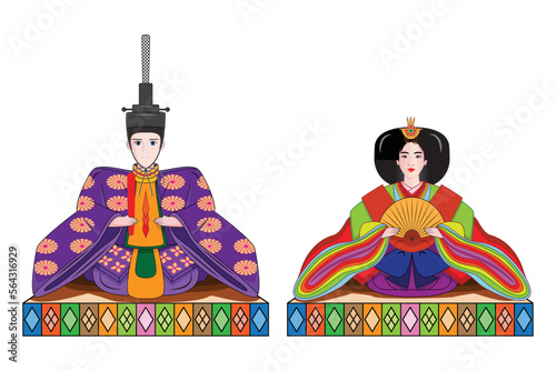 Smart and Cute Japanese dolls festival or child day or girl day called  Hinamatsuri with doll dress as Japan emperor and empress drawing cartoon in vector