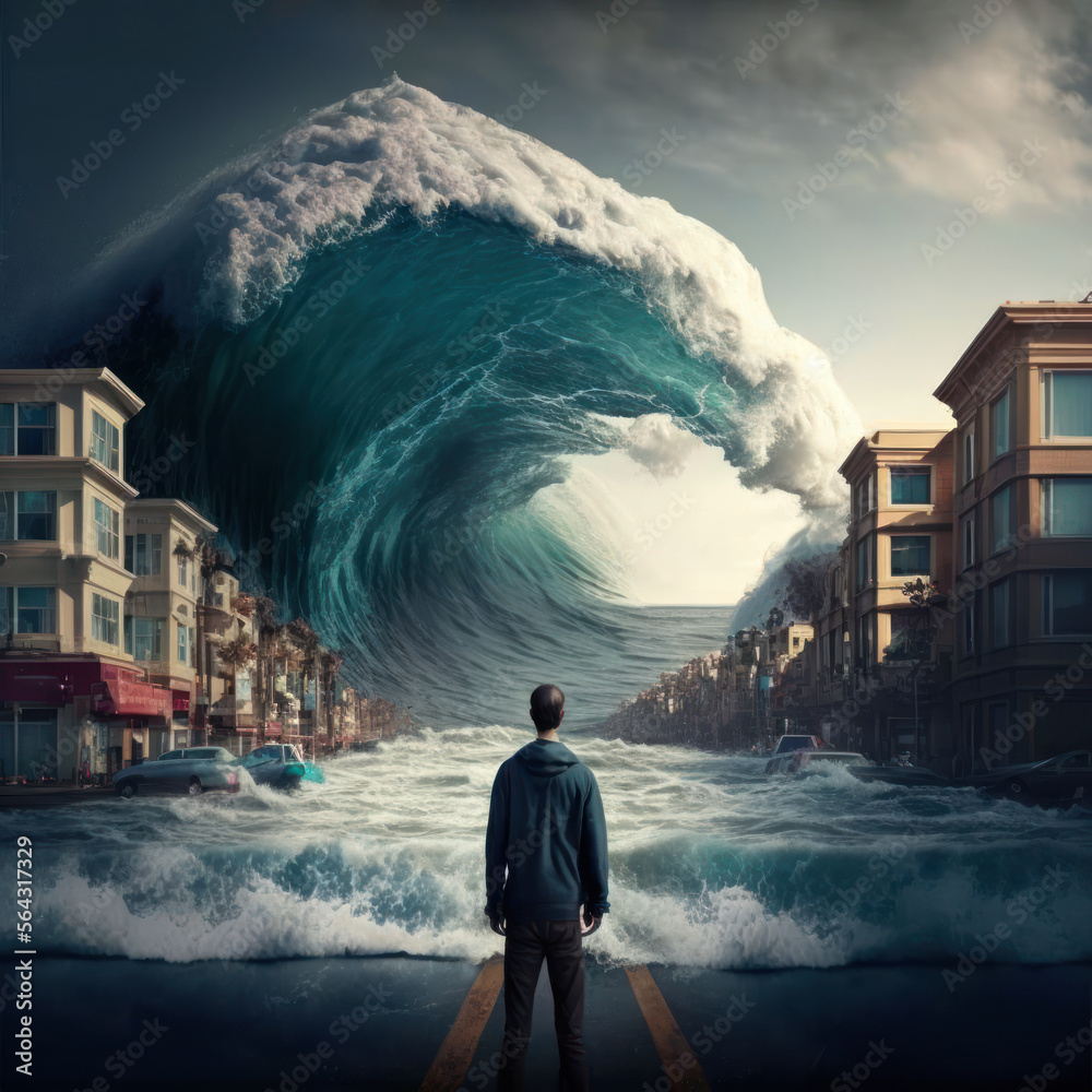 person standing with tsunami destroying town. apocalypse and natural disaster concept. generative ai - obrazy, fototapety, plakaty 