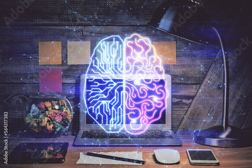 Double exposure of desktop computer and human brain drawing hologram. Ai concept.