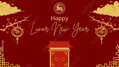 Lunar New Year Background with Circle Rabbit's Symbol and Kuil Ornament photo