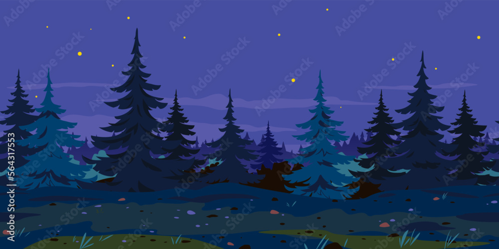 Ground trail along spruce forest at night game background tillable horizontally, tourist route at midnight near the dense spruce forest nature background, in search of dangerous forest adventures Ground trail along spruce forest at night game background tillable horizontally, tourist route at midnight near the dense spruce forest nature background, in search of dangerous forest adventures