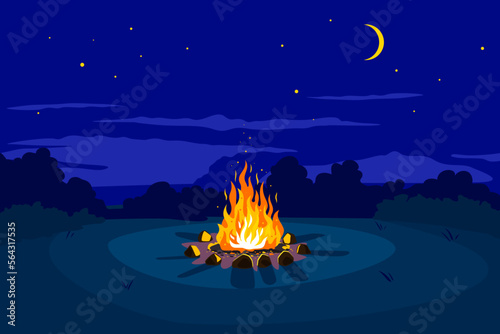 Print op canvas Campfire at night on glade and stars on sky with young moon, place for camping n