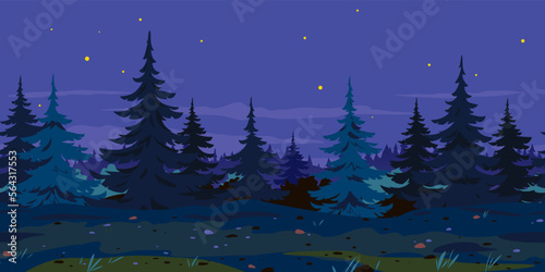 Ground trail along spruce forest at night game background tillable horizontally, tourist route at midnight near the dense spruce forest nature background, in search of dangerous forest adventures