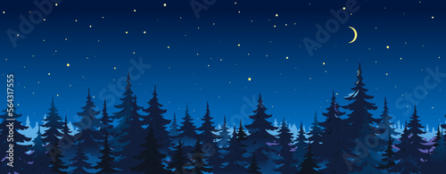 Tops of spruce trees on night sky background, dark dense coniferous forest at night, panorama of night sky with stars and new moon in forest, dangerous forest landscape, observation of the stars