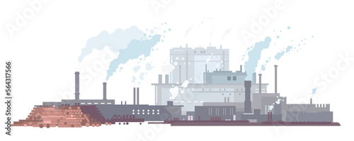 Paper mill factory with smoking pipes in flat style isolated, factory buildings silhouette, environmental pollution, making paper from wood pulp, ecology concept