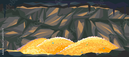 Heaps of gold coins in dark cave, treasures hidden deep in the cave, wealth conceptual illustration, gold reserves