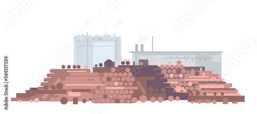Raw wood for paper mill in flat style isolated, lumber heap with factory buildings silhouette, industrial treatment of lumber, making paper from wood pulp, deforestation ecology concept