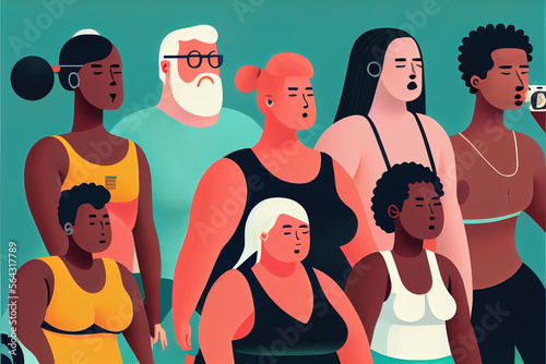 A diverse group of people of all ages, body types, and abilities participating in a swimming class. Inclusivity and community in fitness. Generative AI photo
