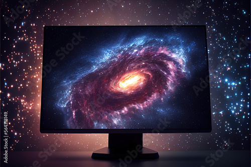 A computer screen displaying a virtual galaxy with stars and nebulas. Galaxies and cosmos in digital spaces. Generative AI photo