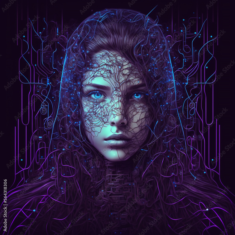generative ai illustration representing a futuristic cyborg robot girl with a complex neural threads, artificial intelligence concept theme generative ai illustration representing a futuristic cyborg robot girl with a complex neural threads, artificial intelligence concept theme