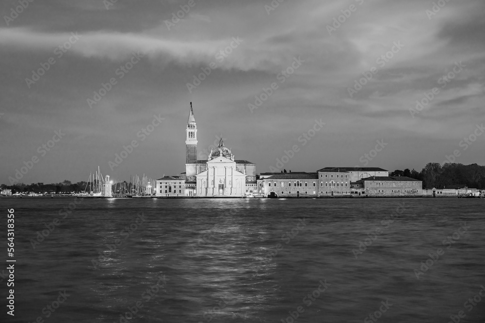 Saint George island in Venice, Italy during the twilight ours of the evening after sunset in black and white