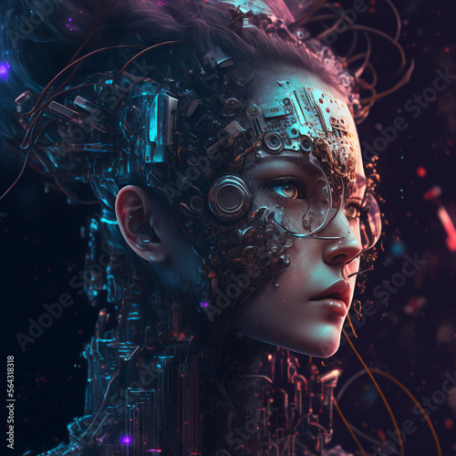 generative ai illustration representing a futuristic cyborg robot girl with a complex neural threads, artificial intelligence concept theme