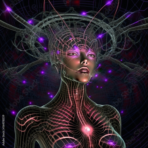 generative ai illustration representing a futuristic cyborg robot girl with a complex neural threads, artificial intelligence concept theme