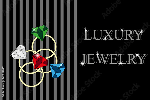 Website banner with colorful rings and inscription luxury jewelry on style black background. Ring with ruby, emerald, topaz and diamond on black background with shine. Marketing material.