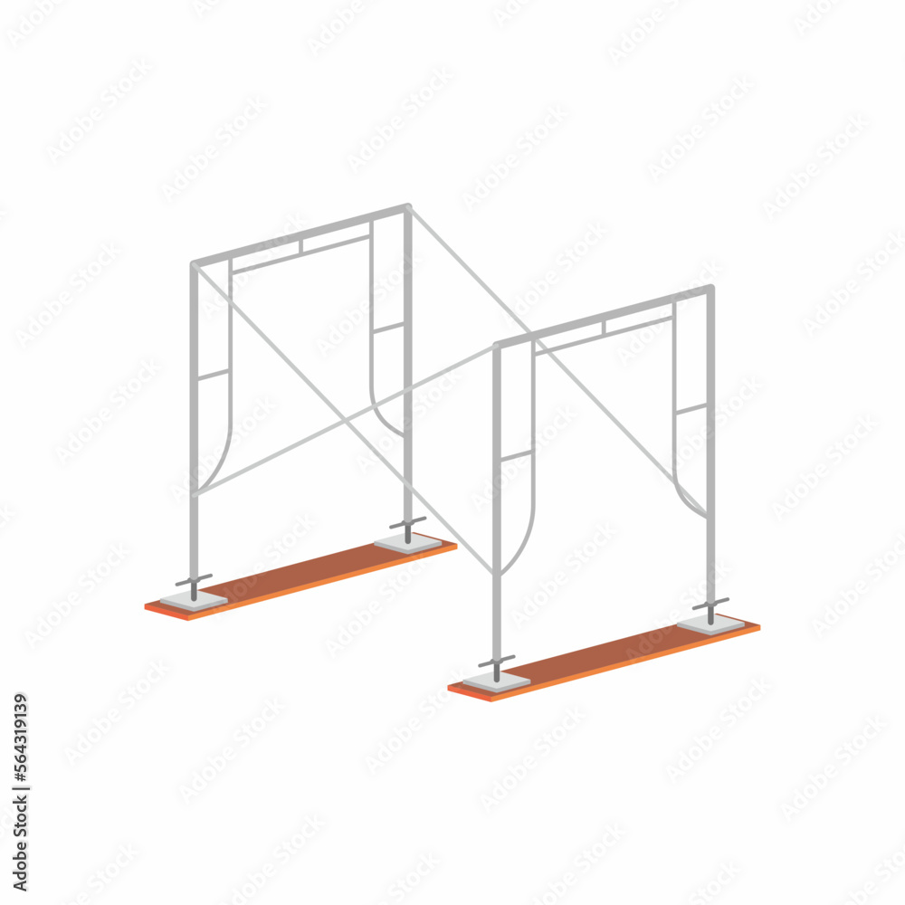 Step by step for build scaffolding. Mainframe, cross brace and base plate. Isometric vector graphic illustration.