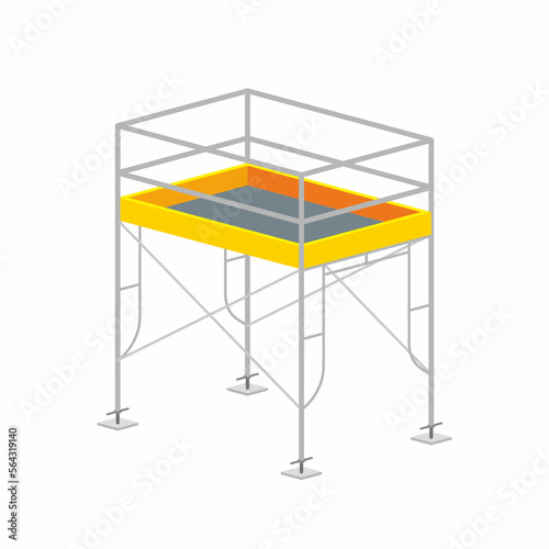 Isometric scaffolding frame with jack base and plate construction vector illustration. Work at height platform with fall protection of guardrail.