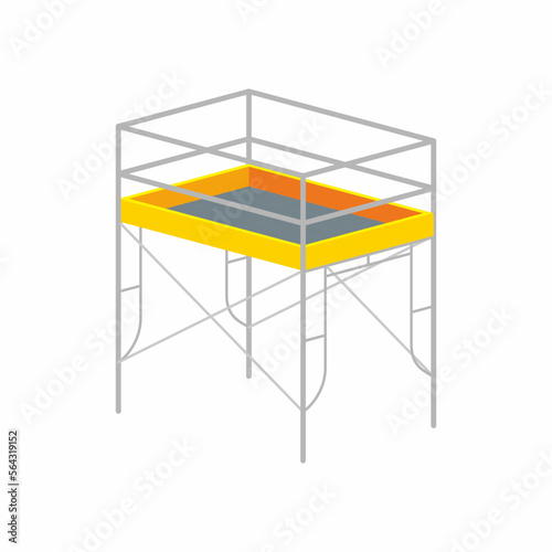 Colorful isometric 1 bay and 1 lift scaffolding frame construction vector illustration. Work at height platform with fall protection of guardrail and toeboard.