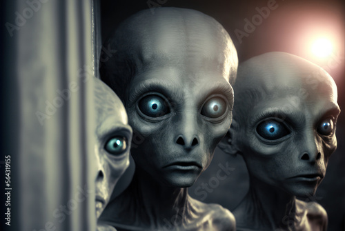 Alien Visitors Concept: Extra terrestrial beings visiting Earth with their spacecraft, generative ai