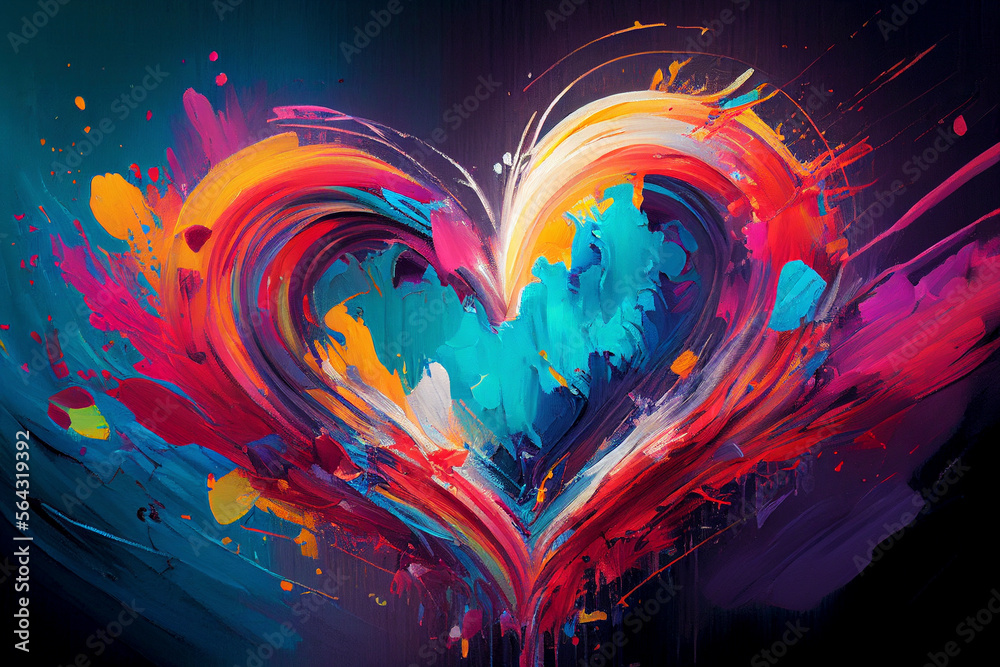 A explosion of hearts painted in a spectrum of colors on a 2D abstract canvas - Generative Ai - obrazy, fototapety, plakaty 