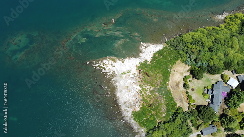 Vista aérea de la costa de un lago en época estival