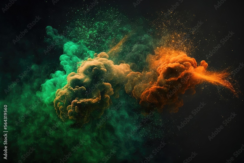 Obraz premium green and orange smoke with shiny glitter particles abstract 3