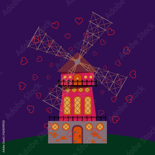 Valentine's Day. Mill with hearts around. Flat style. For postcards and typography. Vector illustration.
