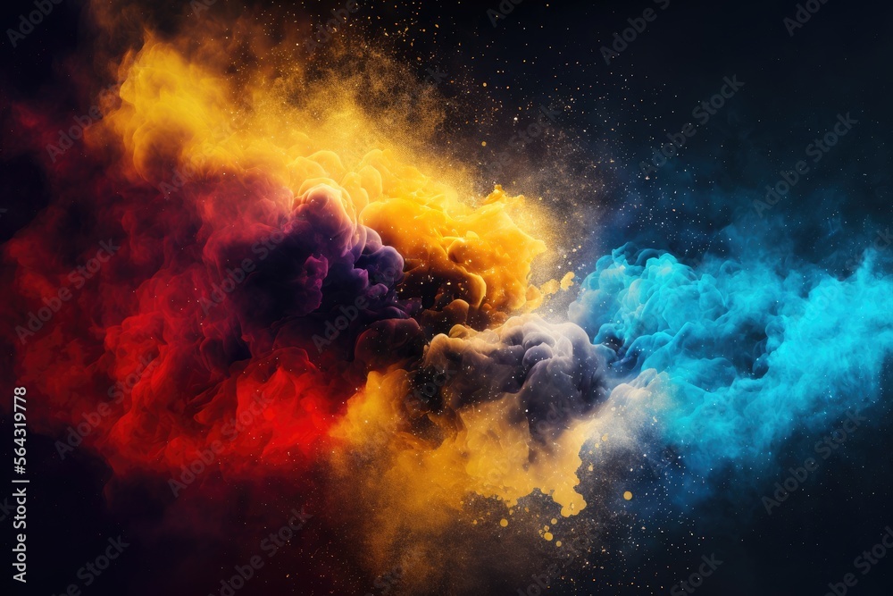 yellow, blue and red smoke with shiny glitter particles abstract 3