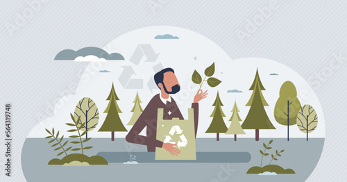 Bioplastics usage for sustainable bio packaging materials tiny person concept. Nature friendly and environmental product package with recyclable plastic vector illustration. Clean and zero waste life.