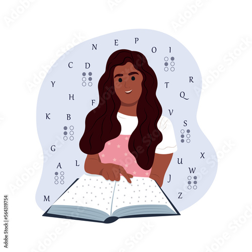World Braille Day. Black smiling blind African American woman reading something in braille. World Braille Day. Vector flat illustration