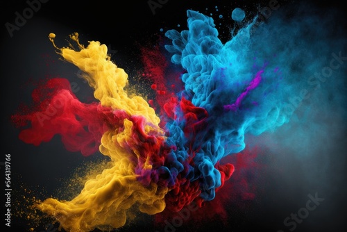 yellow, blue and red smoke with shiny glitter particles abstract 2