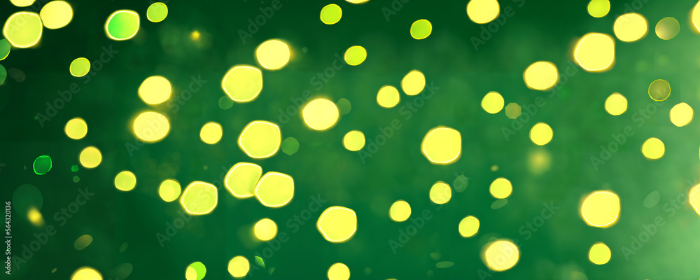 Blurred green background with green and gold bokeh lights, Saint Patrick's Day background, generative AI art	