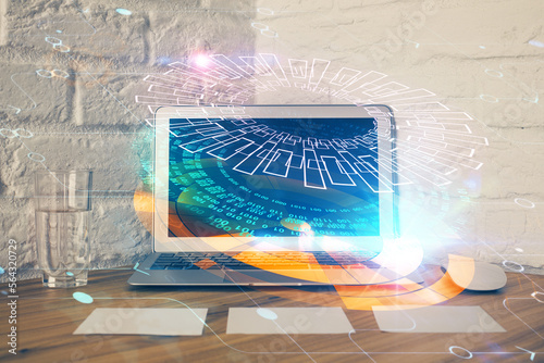 Double exposure of desktop with personal computer on background and tech theme drawing. Concept of Bigdata.