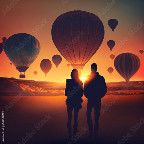 Couple looking at some hot air balloons at sunset. Honeymoon concept. Generative AI. 