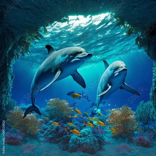 Dolphins under the sea. Generative AI.   © DALU11