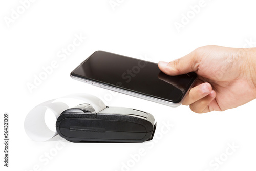 Hand holding mobile phone and place near mobile printer isolated white, Finance Concept