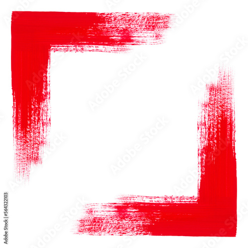 Red angled frame isolated on white background. Square corner border hand drawn with acrylic red paint. Place for text, copy space, hand painted frame, for invitations, printing.