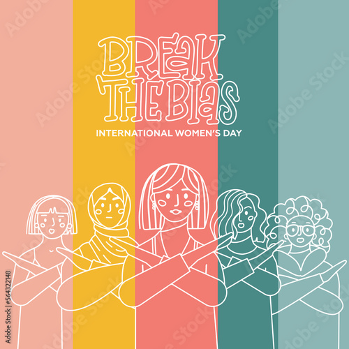 Break the bias minimalistic banner, IWD greeting card. Linear vector illustration of famale people with crossed arms against discrimination and prejudice. Hand drawn women comunity.