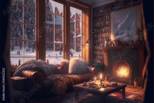 Cozy Atmospheric Living Room of a Cabin While Snowing Outside