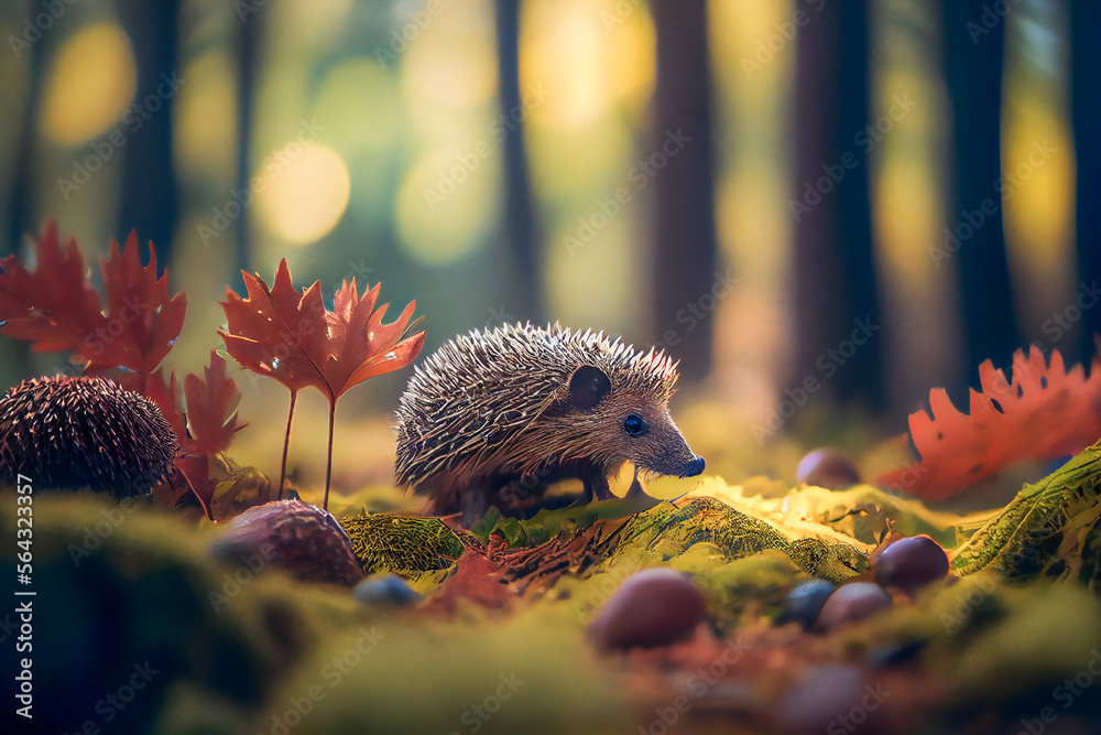  Hedgehog in the forest.  Generative AI.