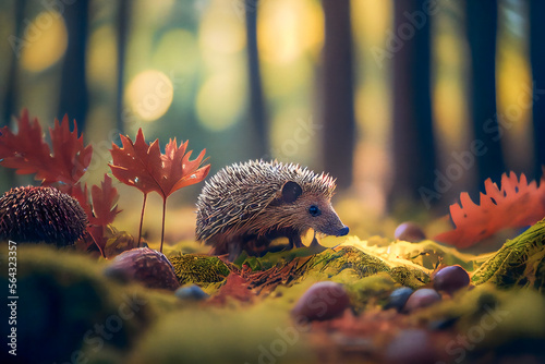  Hedgehog in the forest.  Generative AI. © EwaStudio