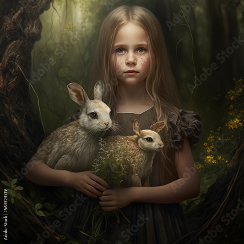 image fantastique d'une petite fille dans une foret avec des lapins
