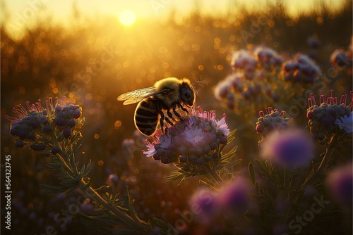 generative AI bee pollinating flowers in a floral field in spring at sunrise