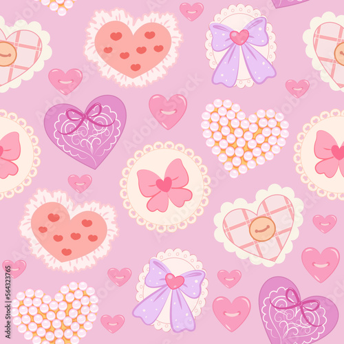 The seamless romantic pattern of handmade hearts, lace, ruffles, frill, bows, buttons, and beads.