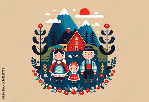 Norwegian folk art style illustration of a family with old fashion. family greeting card