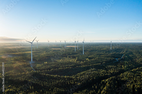 Aerial views of windfarm and wind energy station. Finnland