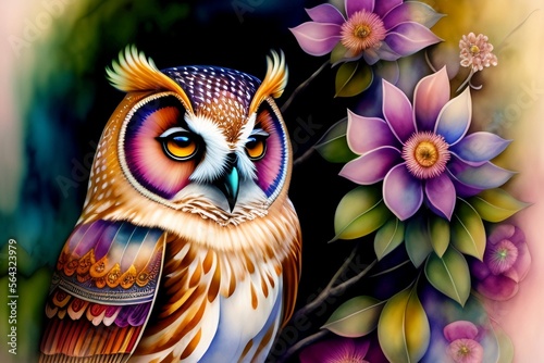owl on a branch illustration generative AI