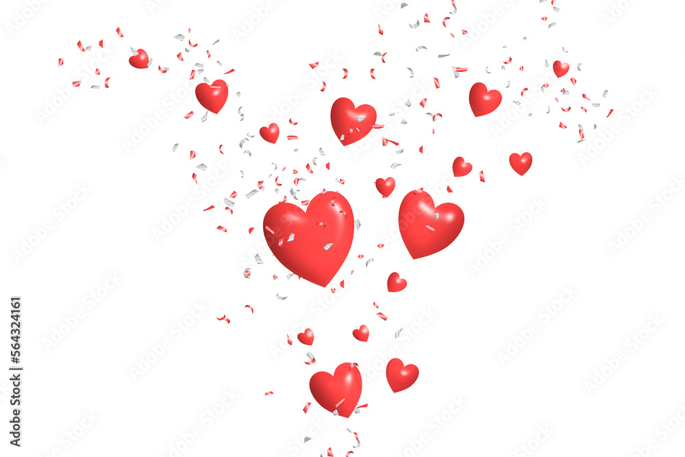 heart red 3D shaped  with confetti transparent background