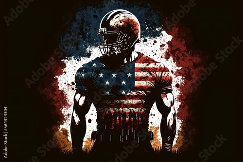 American football player portrait, with an american flag background. Illustration for the Super Bowl,Generative AI
 photo